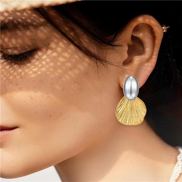 Two-Tone Ginkgo Shell Dangle Earrings | Gold-Plated Brass Statement Jewelry - Picture 1 of 4